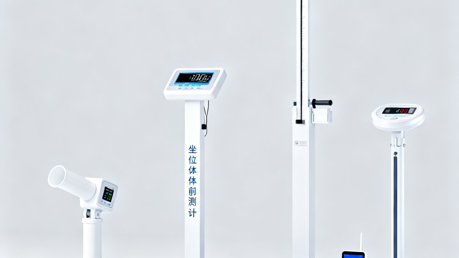 新球体育学生体质健康测试仪套装展示图，包含电子肺活量计、坐位体前屈测试仪、电子身高体重秤和无线数据传输终端，设备外观简约白色为主色调